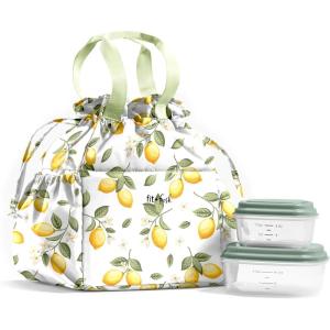 imageFit ampamp Fresh Cromwell Drawstring Lunch Bag for Women Complete Lunch Set with 2 Containers StainResistant LeakResistant Back to School Essential Teacher Lunchbox Sage Floral ToileYellow Lemons