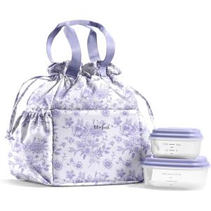 imageFit ampamp Fresh Cromwell Drawstring Lunch Bag for Women Complete Lunch Set with 2 Containers StainResistant LeakResistant Back to School Essential Teacher Lunchbox Sage Floral ToilePurple Floral Toile
