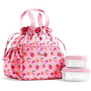 imageFit ampamp Fresh Cromwell Drawstring Lunch Bag for Women Complete Lunch Set with 2 Containers StainResistant LeakResistant Back to School Essential Teacher Lunchbox Sage Floral ToilePink Strawberries