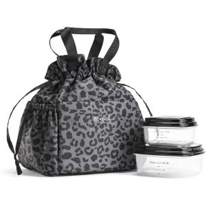 imageFit ampamp Fresh Cromwell Drawstring Lunch Bag for Women Complete Lunch Set with 2 Containers StainResistant LeakResistant Back to School Essential Teacher Lunchbox Sage Floral ToileBlack Cheetah