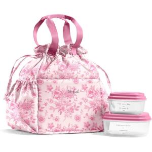 imageFit ampamp Fresh Cromwell Drawstring Lunch Bag for Women Complete Lunch Set with 2 Containers StainResistant LeakResistant Back to School Essential Teacher Lunchbox Sage Floral ToilePink Floral Toile