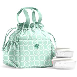 imageFit ampamp Fresh Cromwell Drawstring Lunch Bag for Women Complete Lunch Set with 2 Containers StainResistant LeakResistant Back to School Essential Teacher Lunchbox Sage Floral ToileMint Smiles