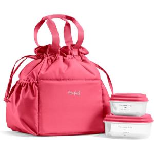 imageFit ampamp Fresh Cromwell Drawstring Lunch Bag for Women Complete Lunch Set with 2 Containers StainResistant LeakResistant Back to School Essential Teacher Lunchbox Sage Floral ToileWatermelon Pink
