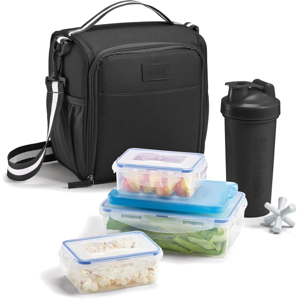 imageFit ampamp Fresh BREE Meal Prep Lunch Box With Containers Ice Pack and Shaker Bottle For Men and Women 6pc Meal Prep Kit Lunch Bag With Containers Included NavyBlack