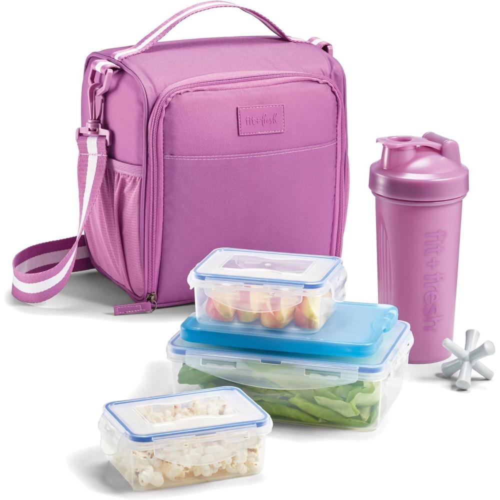 imageFit ampamp Fresh BREE Meal Prep Lunch Box With Containers Ice Pack and Shaker Bottle For Men and Women 6pc Meal Prep Kit Lunch Bag With Containers Included NavyMauve