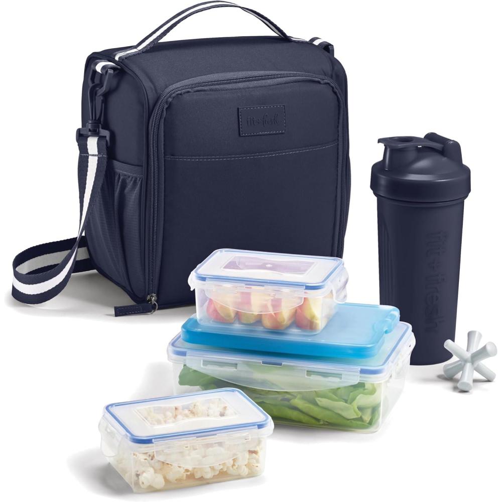imageFit ampamp Fresh BREE Meal Prep Lunch Box With Containers Ice Pack and Shaker Bottle For Men and Women 6pc Meal Prep Kit Lunch Bag With Containers Included NavyNavy