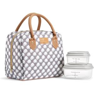 imageFit ampamp Fresh Bloomington Lunch Bag for Women  Insulated Large Lunch Box for Work with Containers LeakResistant StainResistant Zipper Closure All Smiles Bubble GumGrey Dot