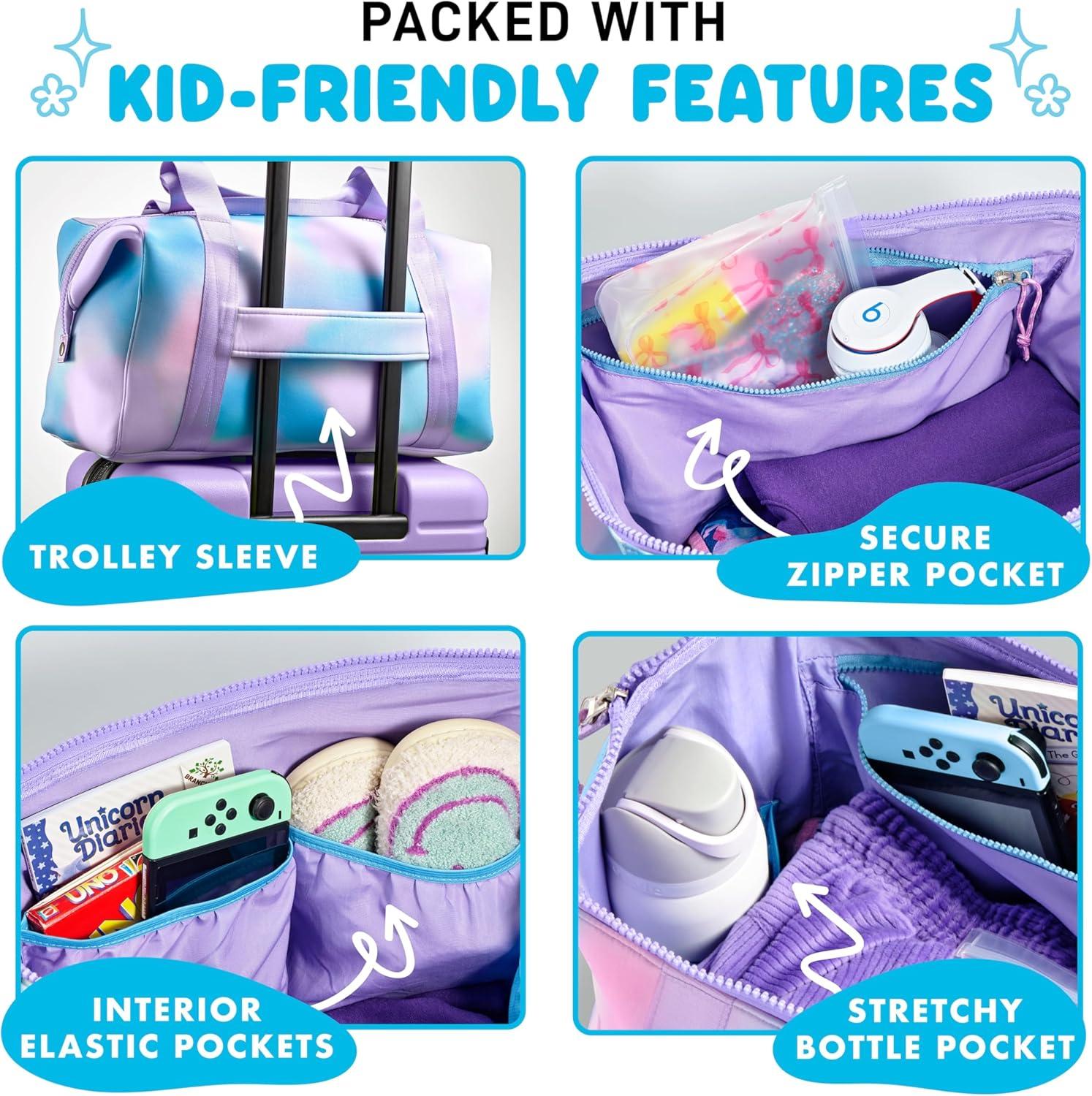 imageFit ampamp Fresh Junior Duffel Bag For Kids Premium NeopreneLike Material Small Duffle Dance ampamp Sports Bag WeekenderPink Purple