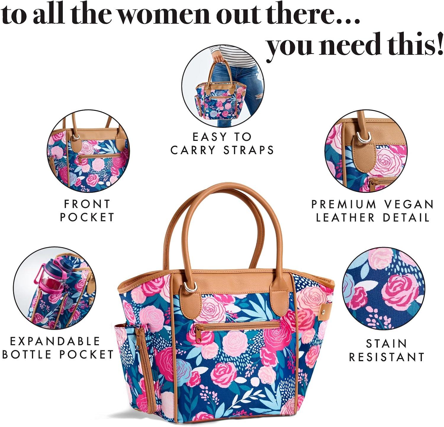 imageFit ampamp Fresh Beechwood Large Lunch Bag For Women With Side Pouches ampamp Carry Handles Complete Lunch Kit Includes Matching Shaker Bottle Navy Lorella PoseyStandard