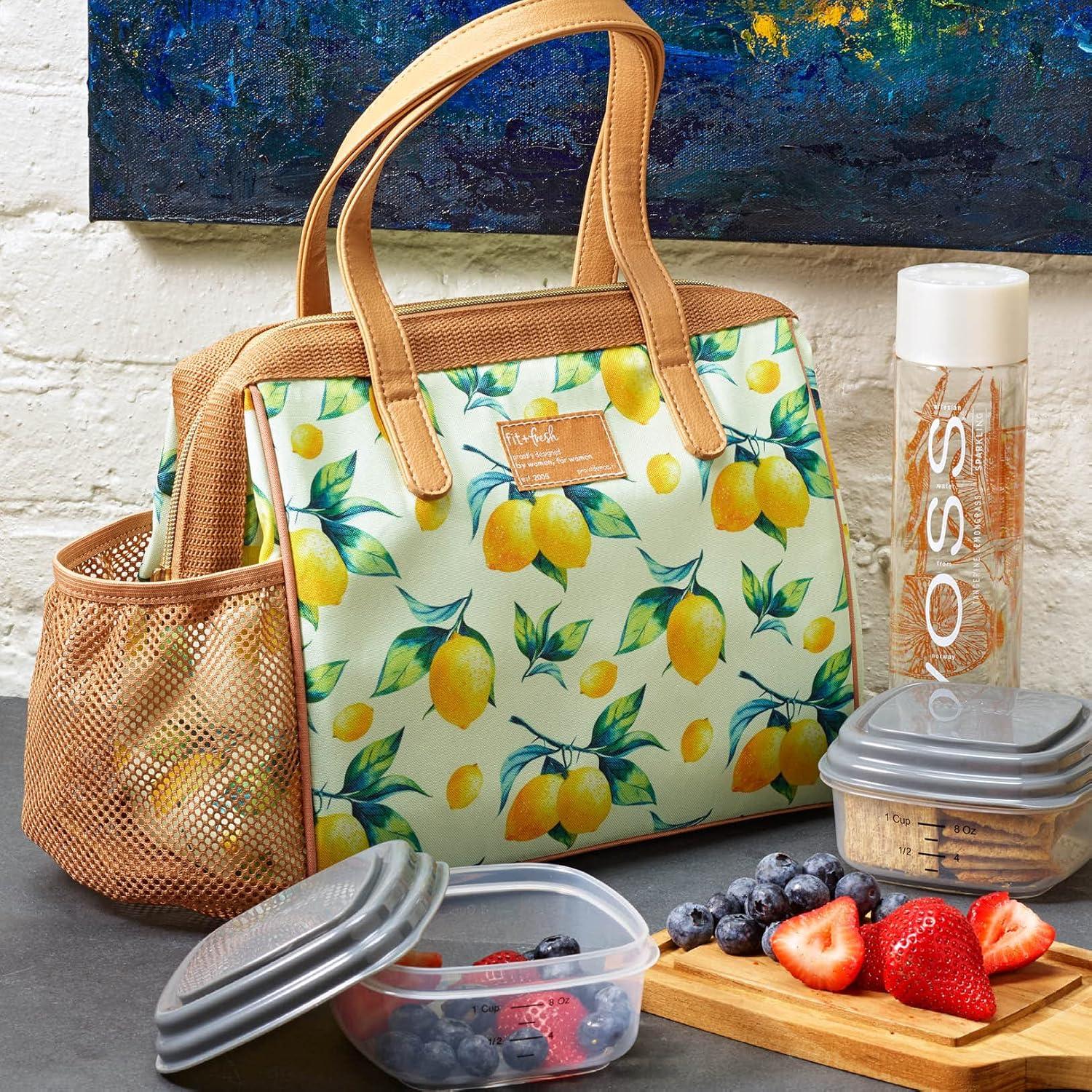 imageFit ampamp Fresh Cloverdale Adult Insulated Lunch Bag with Side Pouch ampamp Carry Handles Complete Lunch Kit Includes 2 Containers Botanical Silo NavyLemon Spring