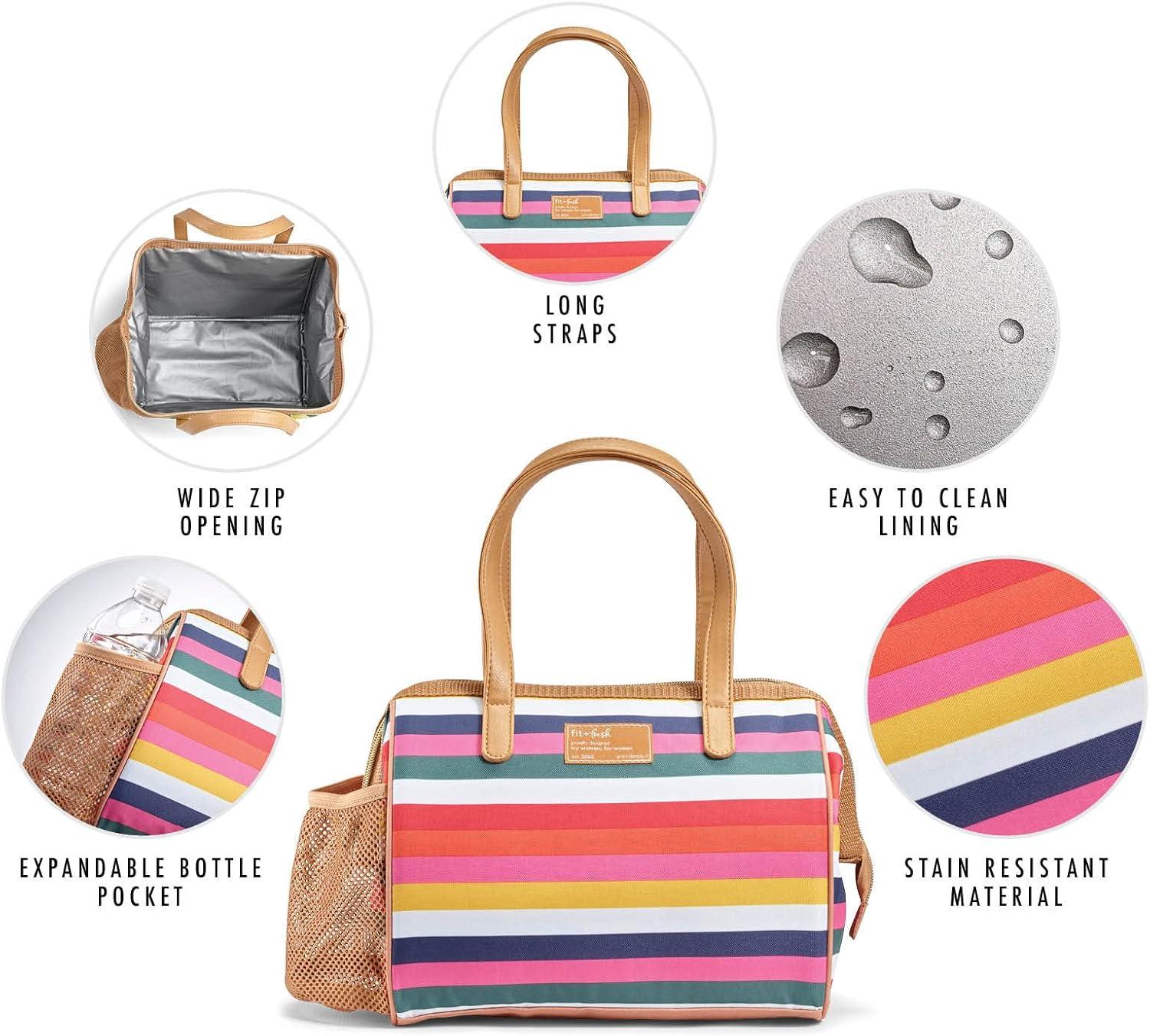 imageFit ampamp Fresh Cloverdale Adult Insulated Lunch Bag with Side Pouch ampamp Carry Handles Complete Lunch Kit Includes 2 Containers Botanical Silo NavyColorful Stripe