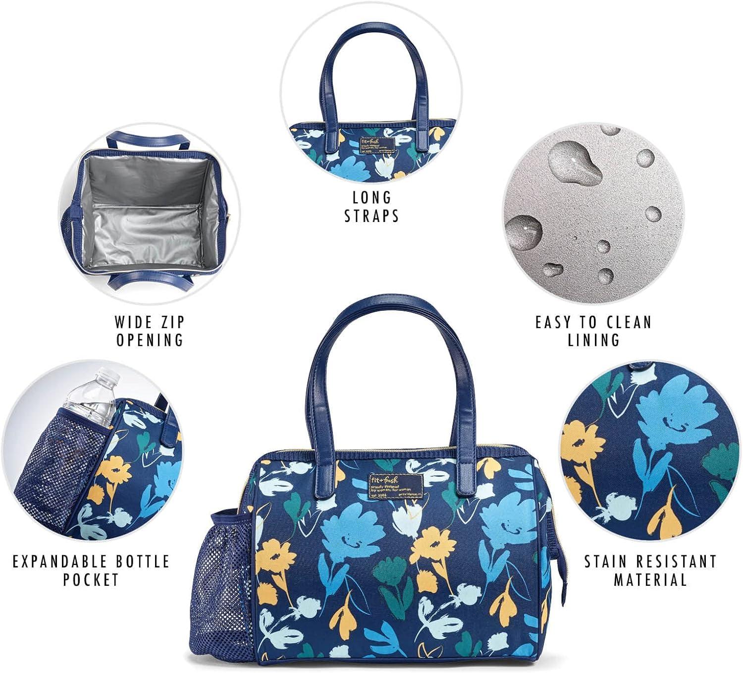 imageFit ampamp Fresh Cloverdale Adult Insulated Lunch Bag with Side Pouch ampamp Carry Handles Complete Lunch Kit Includes 2 Containers Botanical Silo NavyBotanical Silo Navy