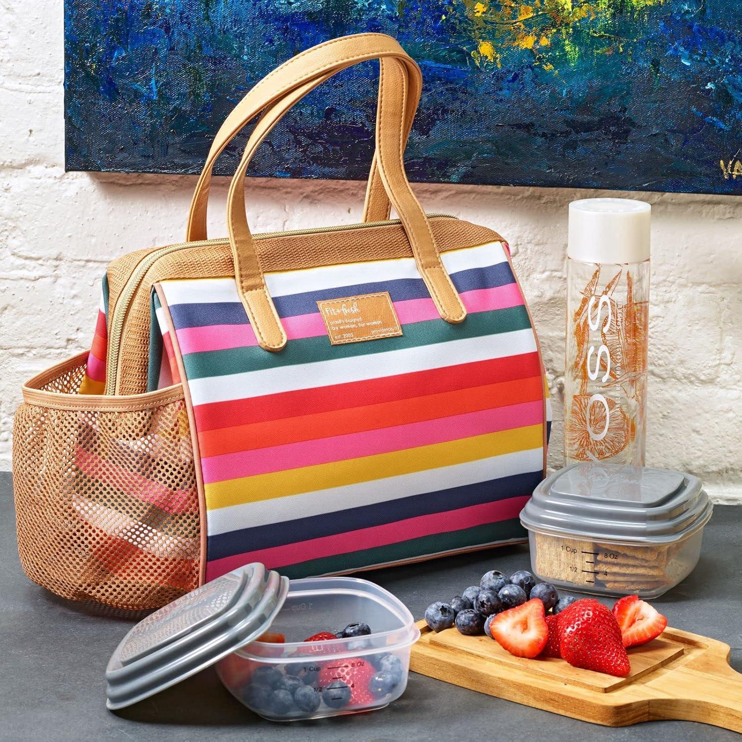 imageFit ampamp Fresh Cloverdale Adult Insulated Lunch Bag with Side Pouch ampamp Carry Handles Complete Lunch Kit Includes 2 Containers Botanical Silo NavyColorful Stripe