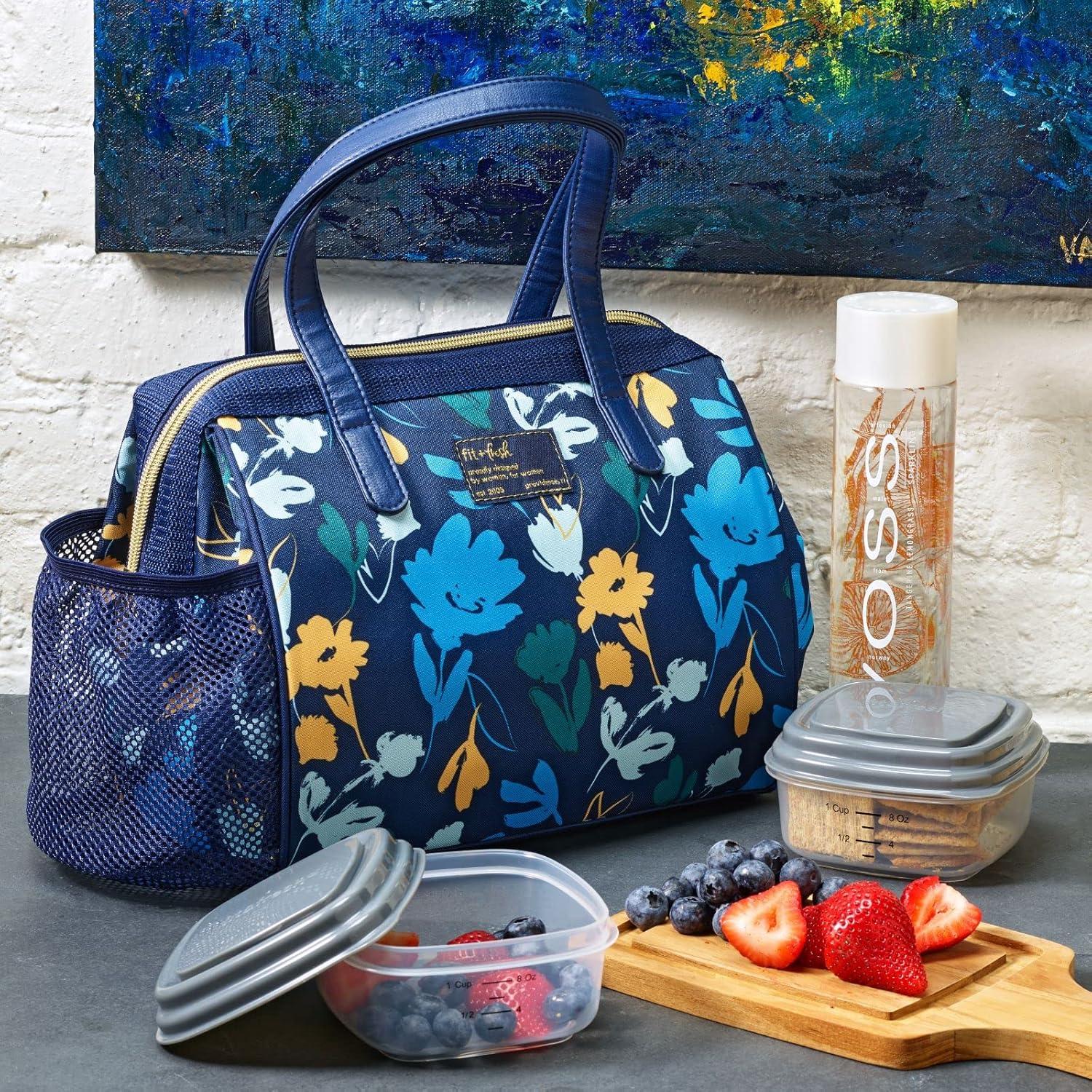 imageFit ampamp Fresh Cloverdale Adult Insulated Lunch Bag with Side Pouch ampamp Carry Handles Complete Lunch Kit Includes 2 Containers Botanical Silo NavyBotanical Silo Navy