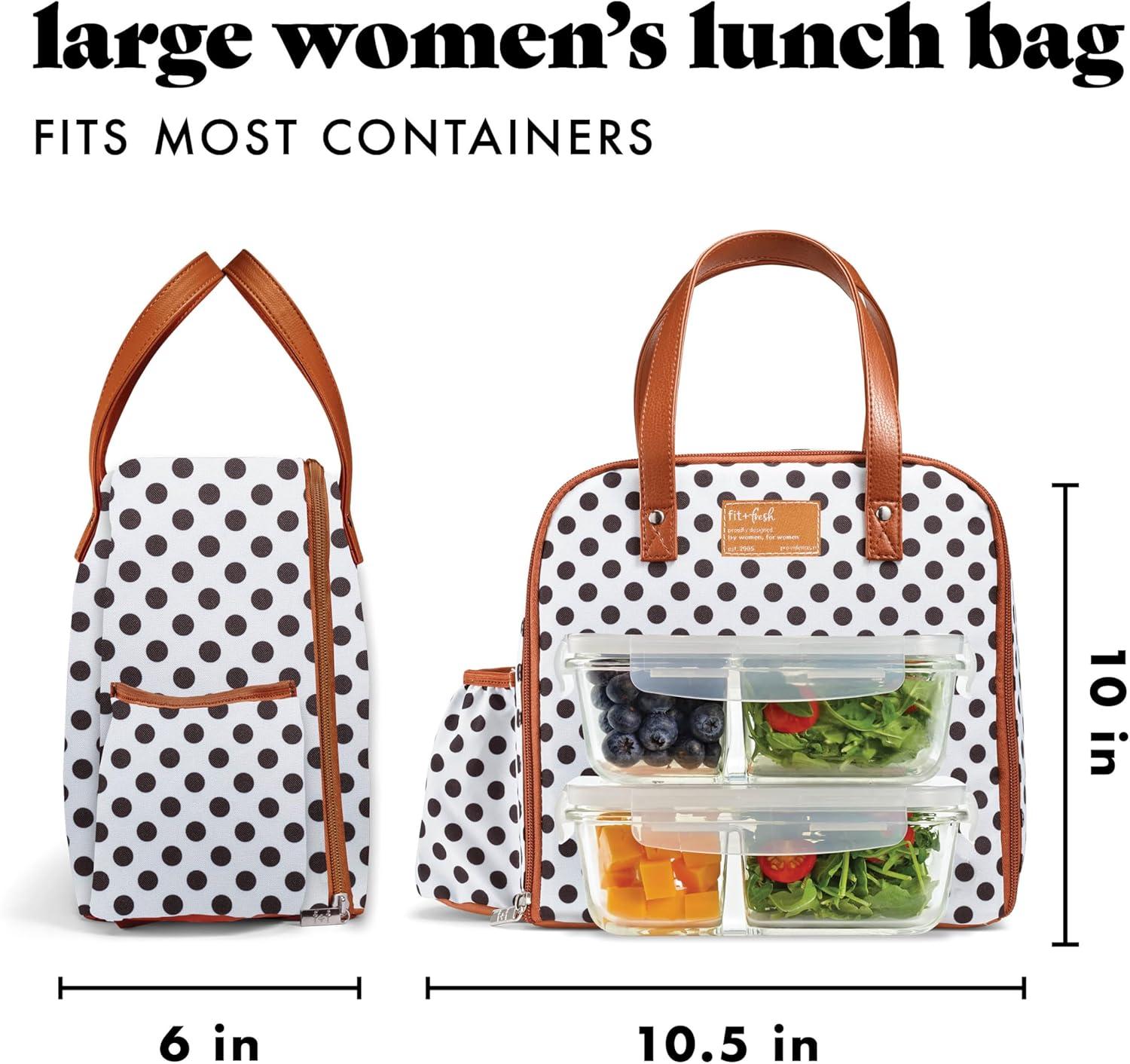 imageFit ampamp Fresh Lunch Bag For Women Insulated Womens Lunch Bag For Work Leakproof ampamp StainResistant Large Lunch Box For Women With Containers Tumbler and Ice Pack Zipper Closure Wichita Bag X SpotWhite Dot