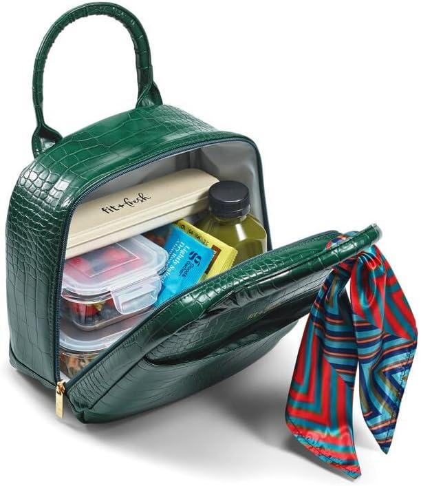 imageFit ampamp Fresh Lyon Modern Lunch Bag With Travel Utensils For Women Insulated Womens Lunch Bag For Work Leakproof ampamp StainResistant Large Lunch Box For Women Faux Croc Leather BlackLyon Emerald