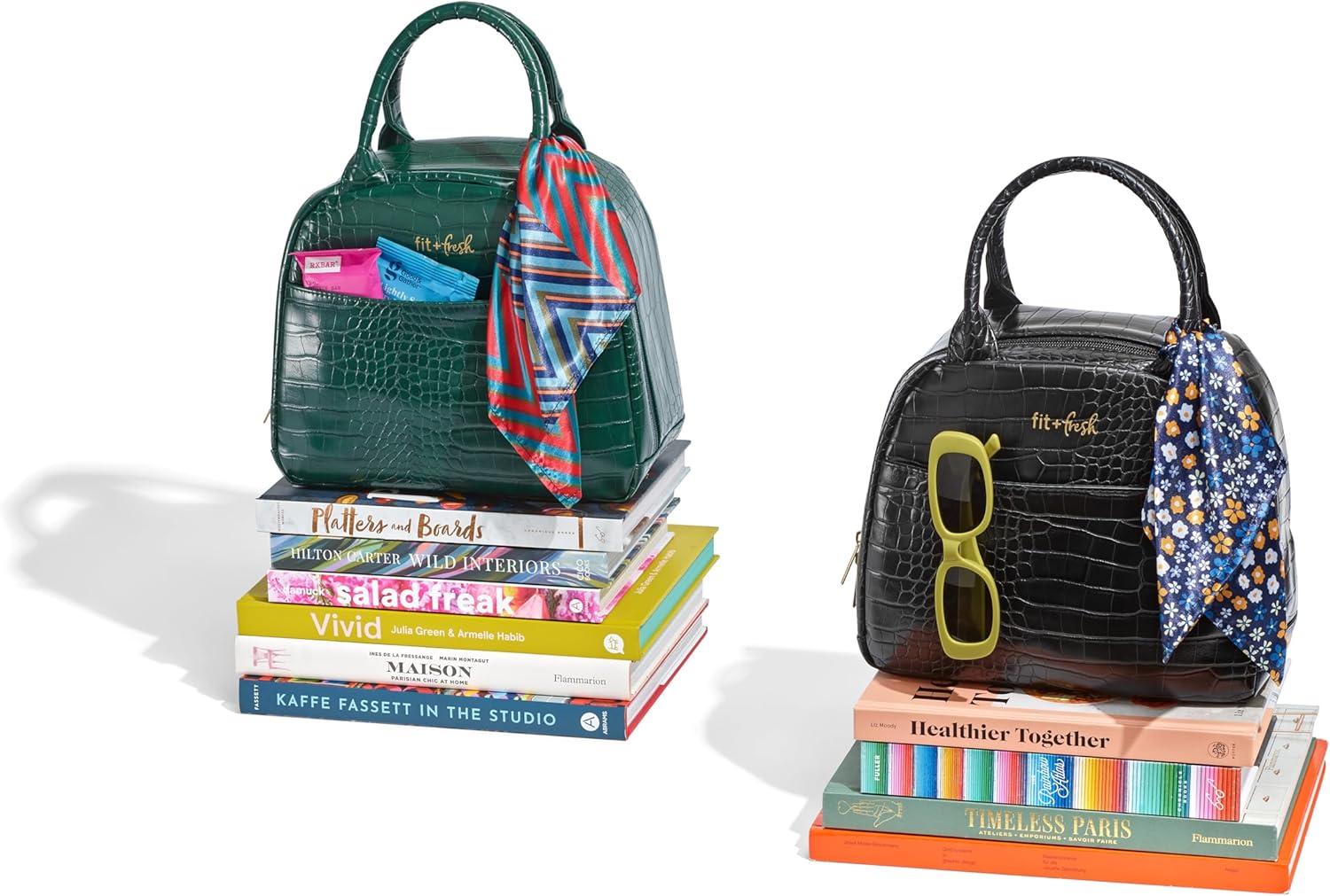 imageFit ampamp Fresh Lyon Modern Lunch Bag With Travel Utensils For Women Insulated Womens Lunch Bag For Work Leakproof ampamp StainResistant Large Lunch Box For Women Faux Croc Leather BlackLyon Emerald