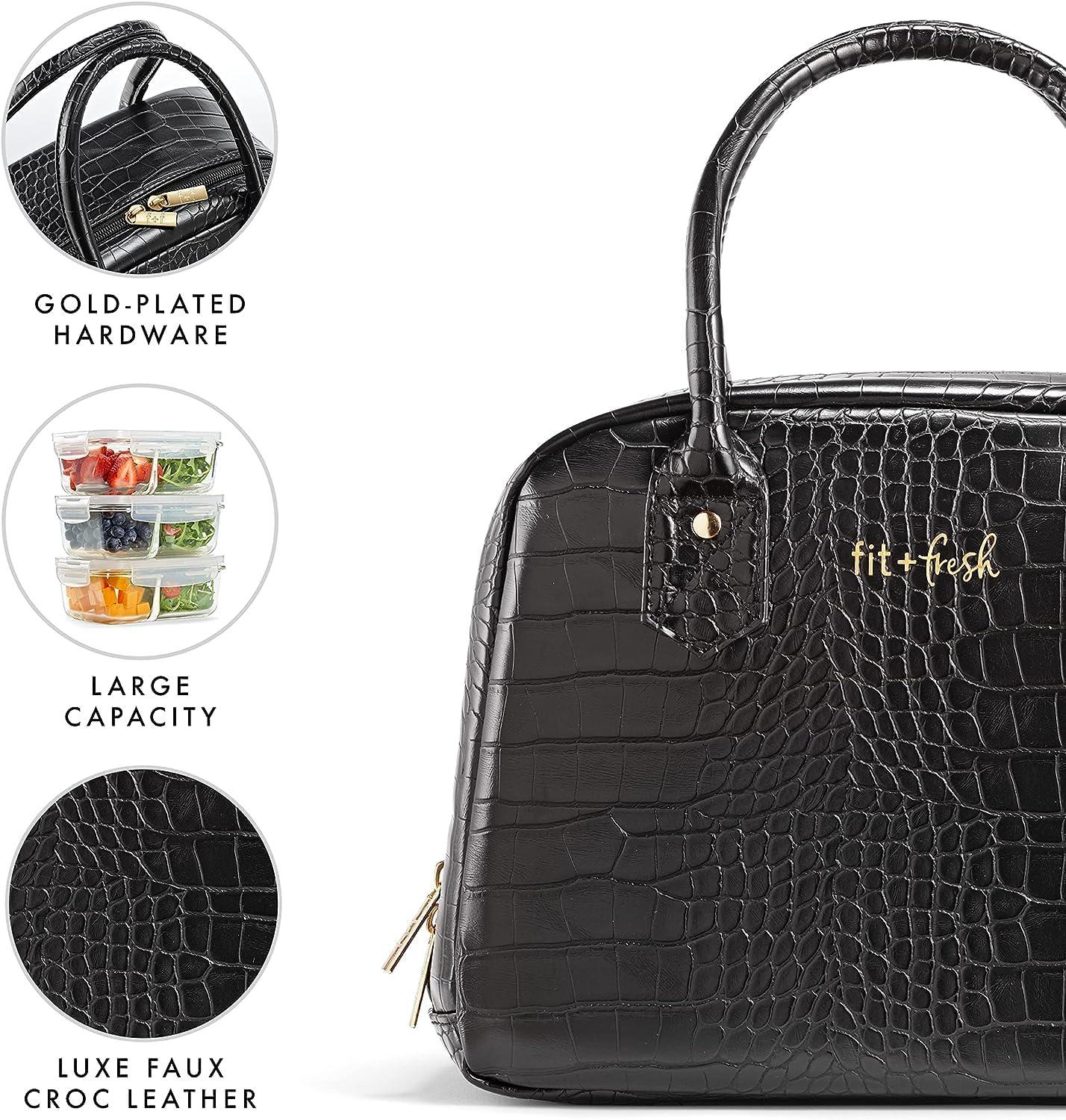 imageFit ampamp Fresh Lyon Modern Lunch Bag With Travel Utensils For Women Insulated Womens Lunch Bag For Work Leakproof ampamp StainResistant Large Lunch Box For Women Faux Croc Leather BlackBlack