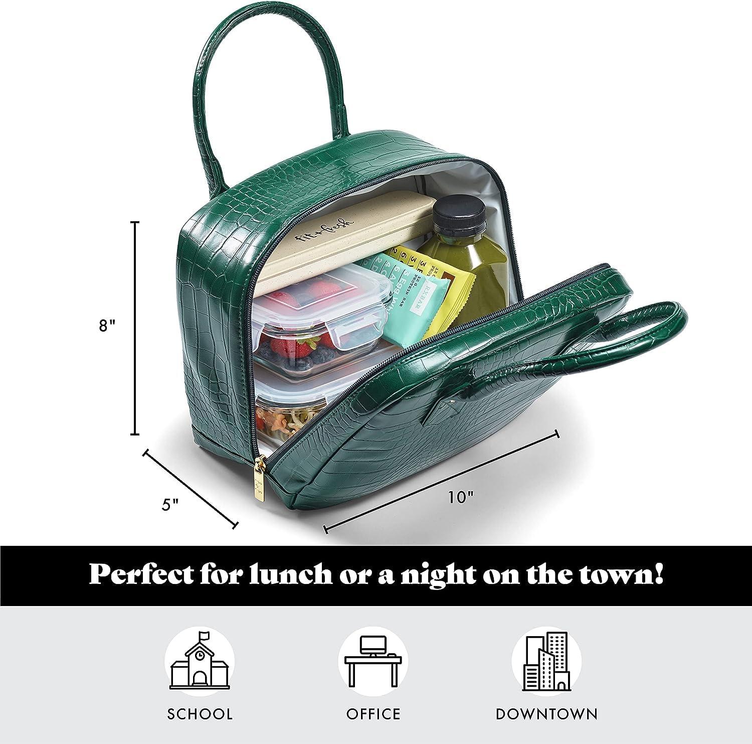 imageFit ampamp Fresh Lyon Modern Lunch Bag With Travel Utensils For Women Insulated Womens Lunch Bag For Work Leakproof ampamp StainResistant Large Lunch Box For Women Faux Croc Leather BlackGreen