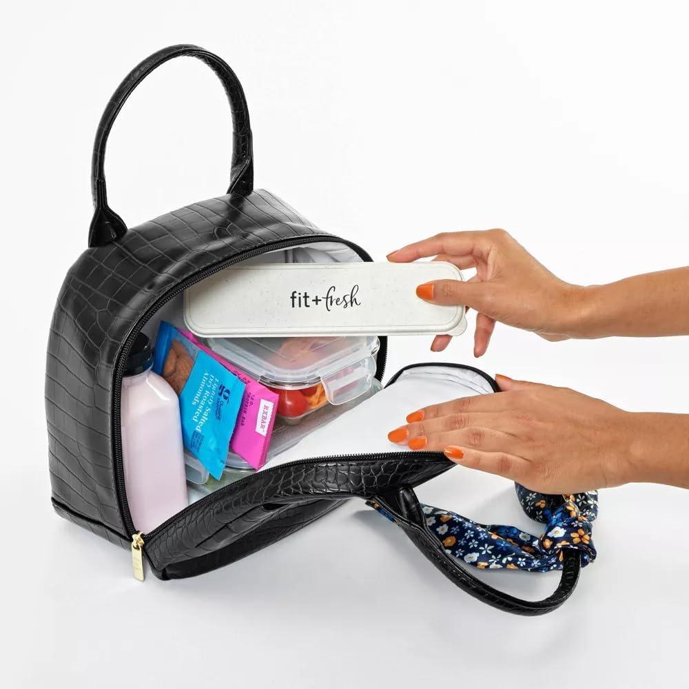 imageFit ampamp Fresh Lyon Modern Lunch Bag With Travel Utensils For Women Insulated Womens Lunch Bag For Work Leakproof ampamp StainResistant Large Lunch Box For Women Faux Croc Leather BlackLyon Black