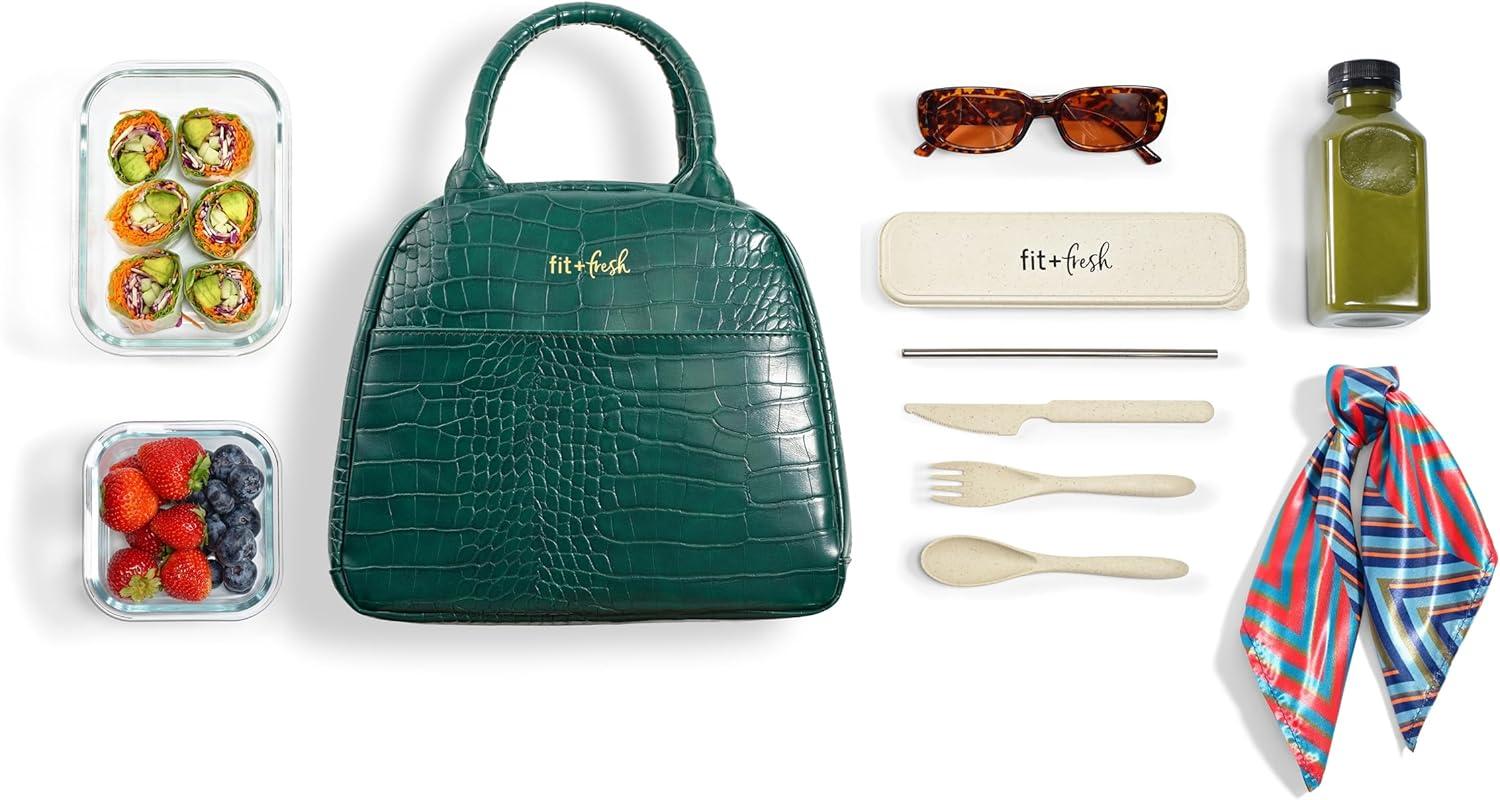 imageFit ampamp Fresh Lyon Modern Lunch Bag With Travel Utensils For Women Insulated Womens Lunch Bag For Work Leakproof ampamp StainResistant Large Lunch Box For Women Faux Croc Leather BlackLyon Emerald