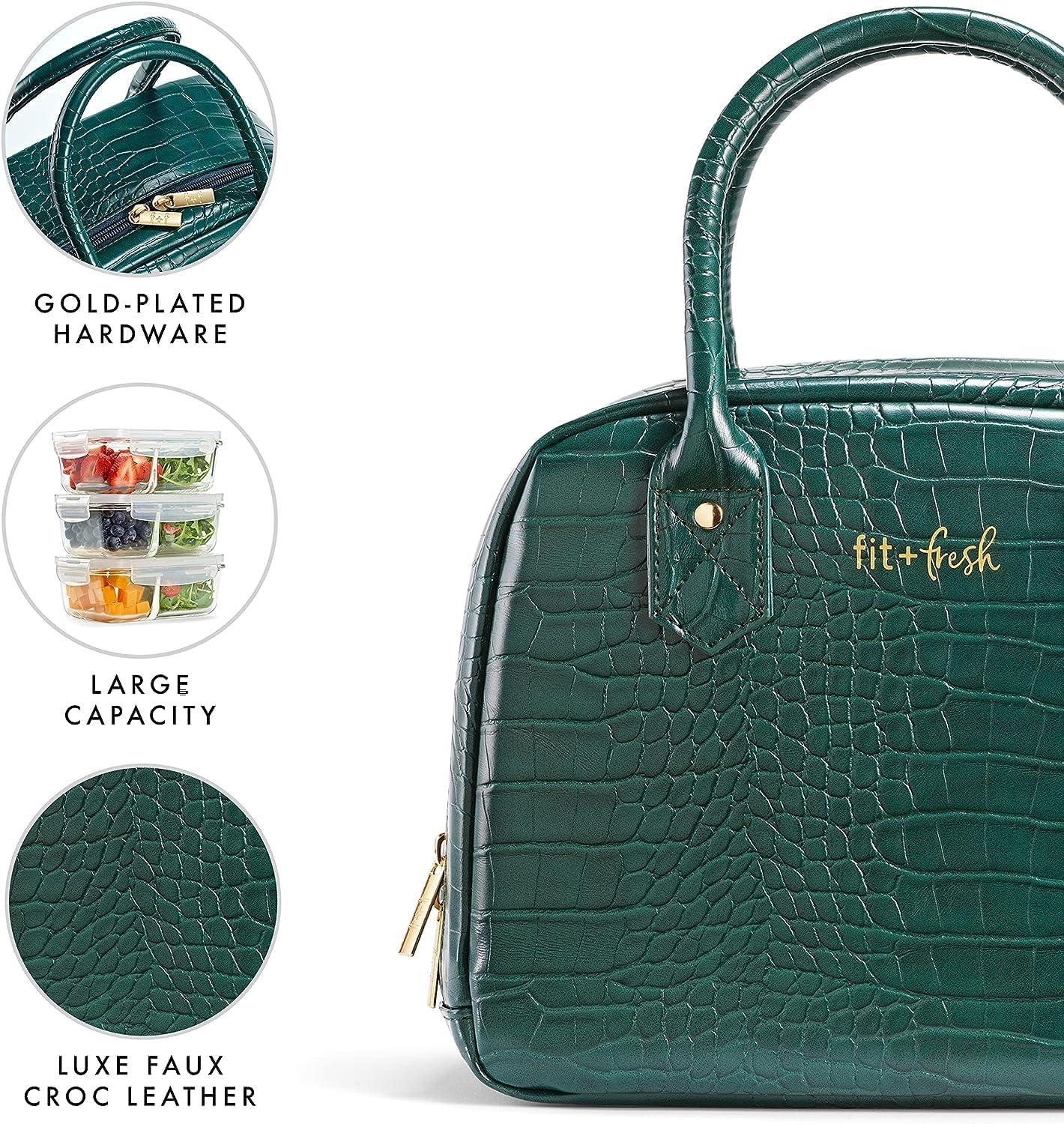 imageFit ampamp Fresh Lyon Modern Lunch Bag With Travel Utensils For Women Insulated Womens Lunch Bag For Work Leakproof ampamp StainResistant Large Lunch Box For Women Faux Croc Leather BlackGreen