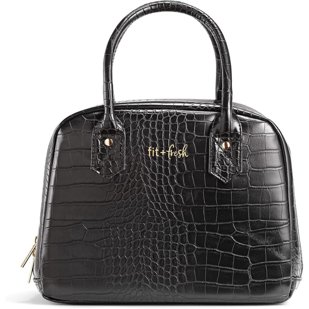 imageFit ampamp Fresh Lyon Modern Lunch Bag With Travel Utensils For Women Insulated Womens Lunch Bag For Work Leakproof ampamp StainResistant Large Lunch Box For Women Faux Croc Leather BlackBlack