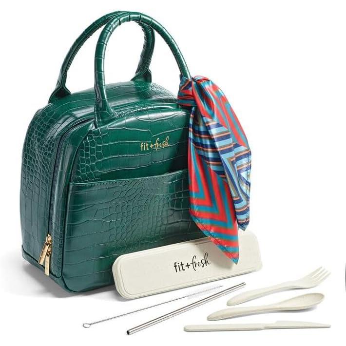 imageFit ampamp Fresh Lyon Modern Lunch Bag With Travel Utensils For Women Insulated Womens Lunch Bag For Work Leakproof ampamp StainResistant Large Lunch Box For Women Faux Croc Leather BlackLyon Emerald