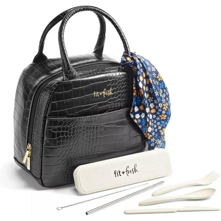 imageFit ampamp Fresh Lyon Modern Lunch Bag With Travel Utensils For Women Insulated Womens Lunch Bag For Work Leakproof ampamp StainResistant Large Lunch Box For Women Faux Croc Leather BlackLyon Black