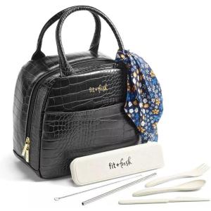 imageFit ampamp Fresh Lyon Modern Lunch Bag With Travel Utensils For Women Insulated Womens Lunch Bag For Work Leakproof ampamp StainResistant Large Lunch Box For Women Faux Croc Leather BlackLyon Black