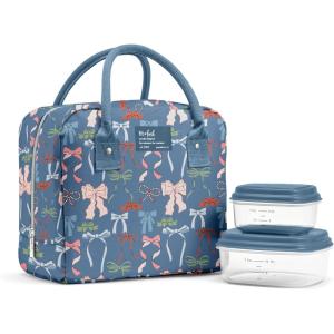 imageFit ampamp Fresh Bloomington Lunch Bag for Women  Insulated Large Lunch Box for Work with Containers LeakResistant StainResistant Zipper Closure MauveDenim Bows