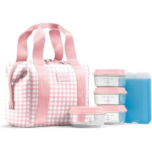 imageFit ampamp Fresh Neoprene Lunch Bag For Women Insulated Womens Lunch Bag For Work Tear ampamp Stain Resistant Large Lunch Box For Women With Containers and Ice Machine Washable Remi Bag Ivory StripePink Gingham