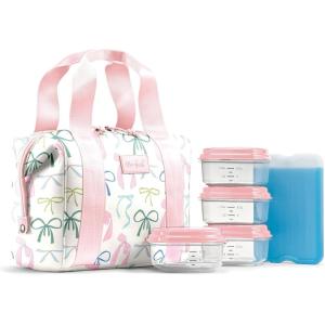 imageFit ampamp Fresh Neoprene Lunch Bag For Women Insulated Womens Lunch Bag For Work Tear ampamp Stain Resistant Large Lunch Box For Women With Containers and Ice Machine Washable Remi Bag Ivory StripeDainty Bows