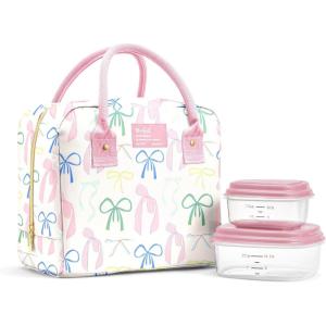 imageFit amp Fresh Bloomington Lunch Bag for Women  Insulated Large Lunch Box for Work with Containers LeakResistant StainResistant Zipper Closure Pink Dainty BowsPink Dainty Bows