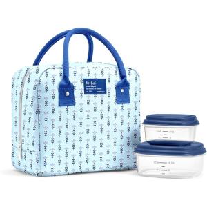 imageFit amp Fresh Bloomington Lunch Bag for Women  Insulated Large Lunch Box for Work with Containers LeakResistant StainResistant Zipper Closure Pink Dainty BowsBlue Tiny Flowers