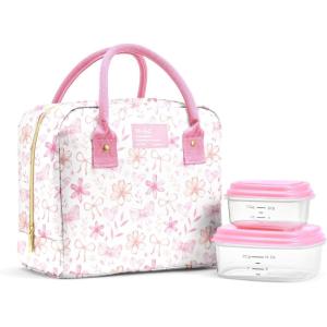 imageFit amp Fresh Bloomington Lunch Bag for Women  Insulated Large Lunch Box for Work with Containers LeakResistant StainResistant Zipper Closure Pink Dainty BowsPink Sweet Floral Bows