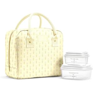 imageFit amp Fresh Bloomington Lunch Bag for Women  Insulated Large Lunch Box for Work with Containers LeakResistant StainResistant Zipper Closure Pink Dainty BowsYellow Tiny Flowers