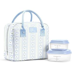 imageFit amp Fresh Bloomington Lunch Bag for Women  Insulated Large Lunch Box for Work with Containers LeakResistant StainResistant Zipper Closure Pink Dainty BowsLight Blue Wallpaper Bows