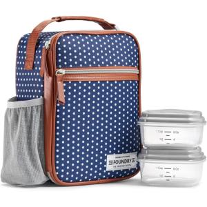 imageFit amp Fresh Foundry Thayer Insulated Lunch Bag with 2 Food Containers Reusable Lunch Box Mini Cooler Bag Perfect for Work College PicnicsNavy  White Dot