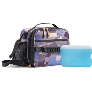 imageFit amp Fresh Josie Adult Insulated Lunch Bag with Side Pouch amp Carry Strap Complete Lunch Kit Includes Reusable XL Ice Pack Plum CamoBlue Watercolor