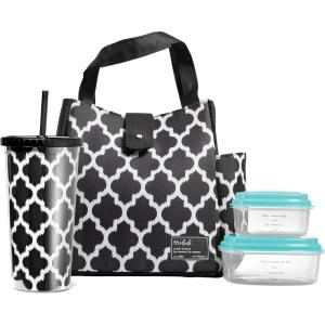 imageFit amp Fresh Lunch Bag For Women Insulated Womens Lunch Bag For Work Leakproof amp StainResistant Large Lunch Box For Women With Containers and Matching Tumbler Snap Closure Westport Bag AquaBlack  White Ikat Tile